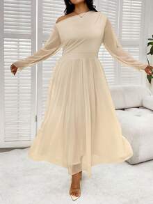 SHEIN Clasi Đầm dài tay lệch vai thanh lịch cỡ lớn, đầu thu - Màu be - Xem 6
