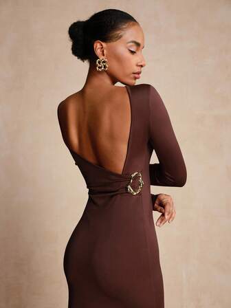 Vesra 优雅露背金属装饰腰部修身针织连衣裙，适合女士、派对和聚会