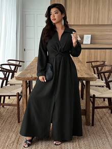 EMERY ROSE Plus Size Women Solid Color Casual Minimalist Long Sleeve Waist Cinched Dress Fall - Black - View 6