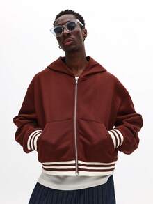 Áo hoodie có khóa kéo phong cách đại học cổ điển với họa tiết sọc thiết kế chữ cái cổ điển cỡ lớn thường ngày mùa đông - màu nâu - Xem 2