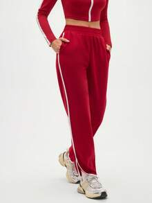 SHEIN Sports 女式撞色边开衩运动裤 - 酒紅色 - 查看 4