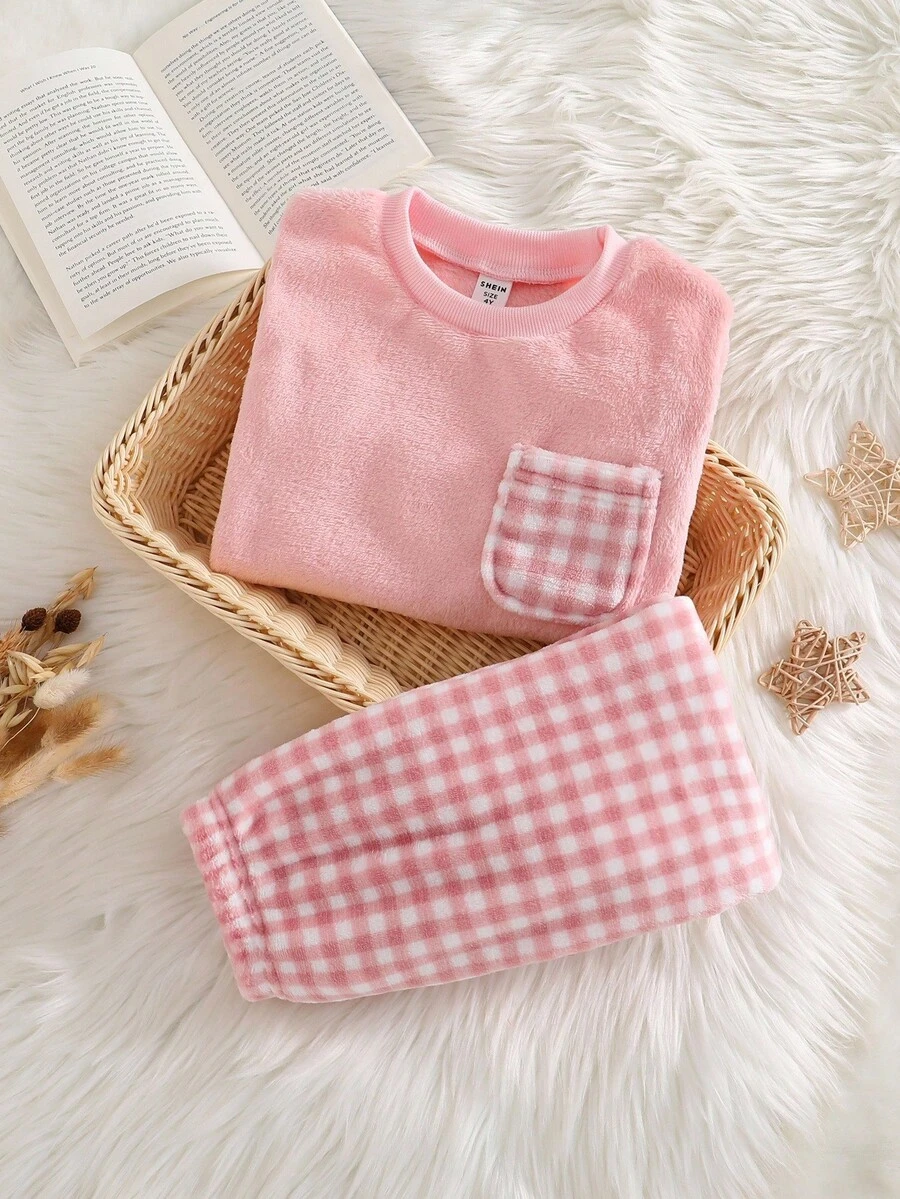 2件套女童毛绒格子长袖上衣和裤子休闲舒适柔软睡衣套装 - 淺粉色 - 查看 1