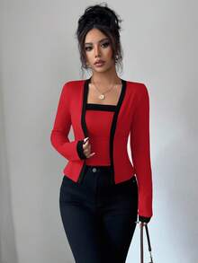 Elenzga 2件套女士针织拼布优雅开衫和背心套装 - 紅色 - 查看 6