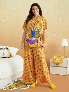 GARFIELD | SHEIN 大码可爱猫咪印花露肩上衣和裤子睡衣套装 - 黃色 - 查看 4