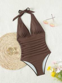 SHEIN Swim 2026 Spring/Summer Special Fabric Brown Halter Backless Pleated Deep V-Neck Fitted Elegant One-Piece Bikini Swimsuit For Women - Brown - View 4
