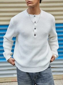 Manfinity CasualKnits 男士休闲纯色简约纽扣开衫，适合秋冬 - 白色 - 查看 5