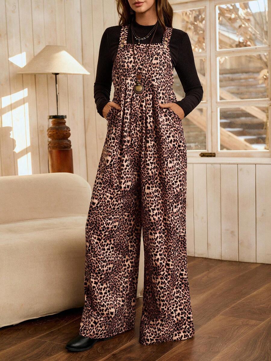 SHEIN LUNE 女式可调节腰部豹纹褶皱阔腿连体裤 - 棕色 - 查看 1
