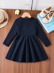 SHEIN Emery Rose Kids 年轻女孩优雅休闲圆领套头开叉设计中长连衣裙，适合上学、日常休闲装、秋冬 - 藏蓝色 - 查看 2