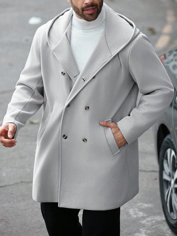 Manfinity Homme Manteau d'hiver à double boutonnage avec capuche pour hommes en grande taille, couleur unie. Cadeau pour petit ami, automne pour hommes. Manteau gris pour sortir, manteau décontracté gris clair