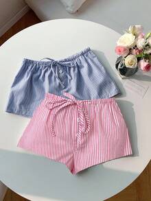 SHEIN Tall 2 chiếc quần short sọc vải lanh mới dành cho nữ - Nhiều màu - Xem 9