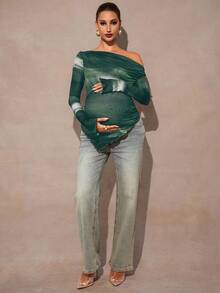 MaterniChic Tie-Dye Print Oblique Shoulder Long Sleeve Fitted Maternity T-Shirt Pregnant Clothes Maternity Tops Pregnancy Photoshoot Dress Green Maternity Dress Baby Shower - Green - View 5