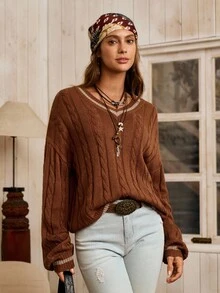 LanaWest Contrast Color V-Neck Twist Knit Casual Pullover Sweater, Versatile For Autumn/Winter - Brown - View 3