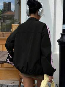 SHEIN EZwear 加大码黑色蝴蝶结刺绣侧条纹印花拉链长袖夹克女式秋冬装 - 黑色 - 查看 2