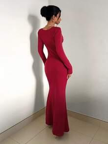 EgrlEra Vestido largo de malla con decoración metálica y escote en V sexy para mujer - Rojo - Ver 2