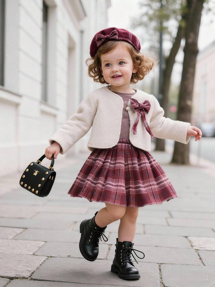 3pcs/Set Toddler Girls' Chic Cardigan With Pearl Buttons, Bow Decor Jacket, Plaid Pleated Skirt And Matching Beret Hat, Fashionable High-End Girl's Outfit For Autumn/Winter 2 Piece Baby Girl Clothes Toddler Girl Plaid Skirt Outfit Baby Girl Fall Winter Outfit Toddler Girl Winter Clothes Baby Girl Jacket And Skirt Set Baby Set Autumn Winter Season Two Piece Winter Outfits For Toddler Girl Skirt Outfit With Jacket Baby G Christmas Gifts Baby Clothes Girl Plaid Toddler Girl Outfits With Purse Toddl