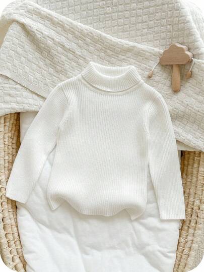 SHEIN Unisex Baby Cute High Neck Long Sleeve Knitted Sweater, Casual & Versatile, Suitable For Autumn/Winter