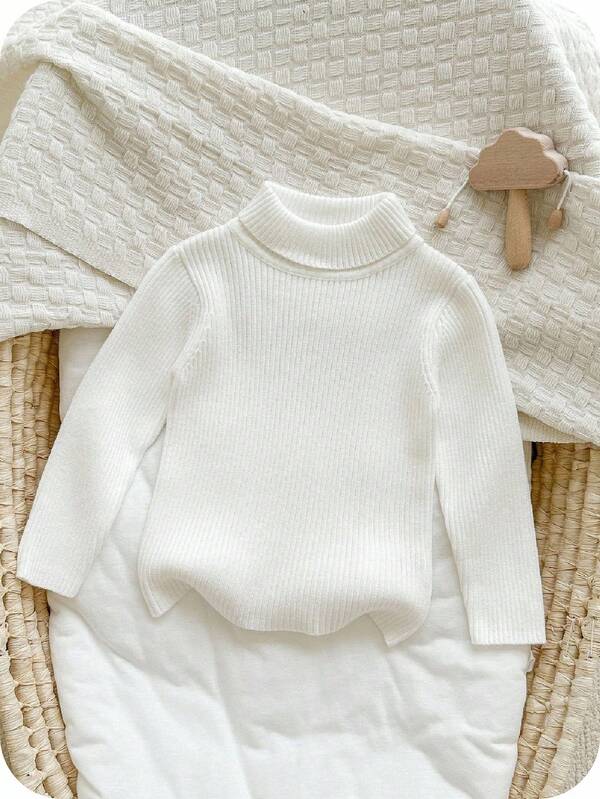 SHEIN Unisex Baby Cute Casual White Knitted Long Sleeve High Neck Sweater, Suitable For Autumn/Winter Baby Knitwear Baby Clothes Fall Sweater Neutral Baby Clothes Unisex