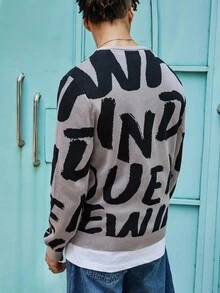 Manfinity CasualKnits Men's Letter Pattern Crew Neck Long Sleeve Sweater, For Fall Winter - Multicolor - View 4