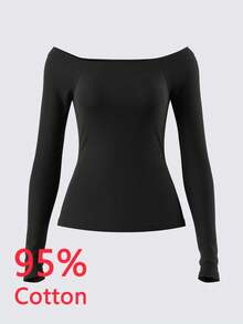 SHEIN BASICS Women's Casual Off Shoulder Long Sleeve Fitted T-Shirt, Suitable For Autumn/Winter, 95% Cotton,Black Tops - Black - View 6