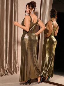 Cravure Plus Size Women U-Neck Draped Waist Dress, French Elegant Luxury Banquet Intellectual Graceful Party Romantic Dress, Wedding Guest, Evening Gown, Formal Dress - Gold - View 2