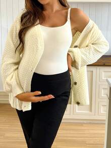 SHEIN Women's Loose Fit Twist Rope Floral Design Lantern Sleeve Cardigan Sweater, Front Button Knitted Maternity Sweater Coat For Autumn/Winter - Beige - View 1