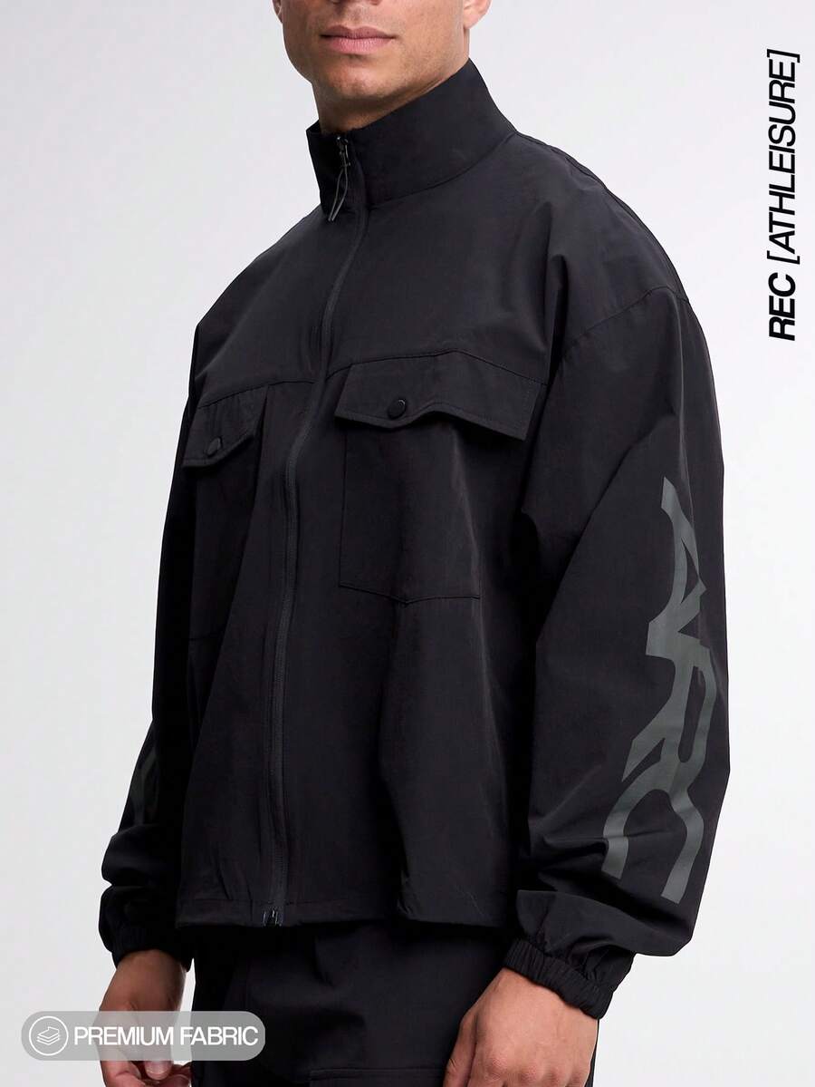 Letter Print Stand Collar Pocket Zip-Up Long Sleeve Jacket - Black - View 1
