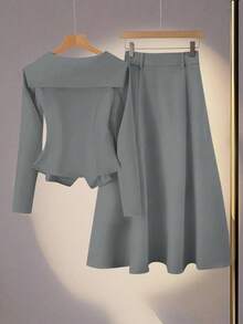 Franclia 女士优雅浪漫通勤披肩领仿口袋装饰门襟金属纽扣 A 字中长裙长袖两件套，秋冬 - 灰色 - 查看 2