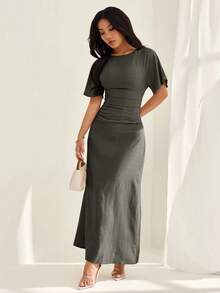 SHEIN PETITE 女士夏季纯色亚麻混纺休闲优雅连衣裙 - 綠色 - 查看 3