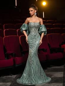 Glamrae Elegantes grau-grünes Luxus 3D-Pailletten-Trägerloses Maxikleid mit hoher Taille und Fischschwanz-Silhouette, mit abnehmbaren Schalärmel, geeignet für alle formellen Anlässe, Abschluss, Hochzeit, Gala-Events