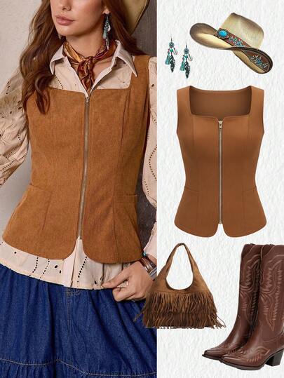 LanaWest Áo nữ kiểu Bohemian phương Tây màu nâu cà phê, chất liệu nhung gân, cổ vuông, không tay, khóa kéo phía trước, thích hợp cho mùa thu.