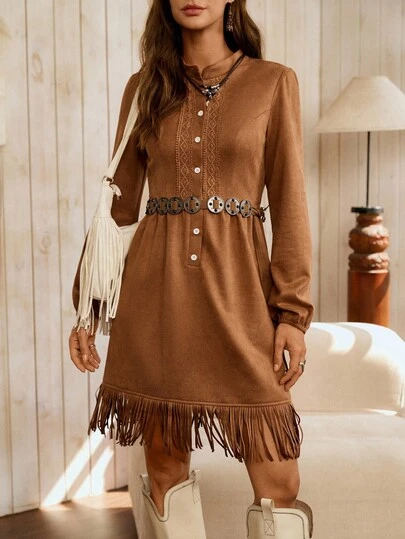  LanaWest Women's Western Party Fitted Fringe Hem Dress