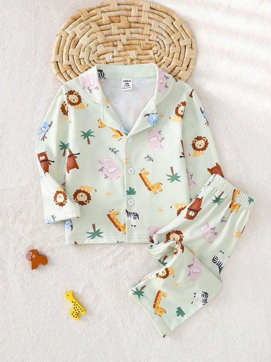 Bộ đồ ngủ gồm 2 áo len cardigan dài tay in họa tiết động vật dễ thương cho bé trai, chống cháy - màu xanh lá - Xem 1