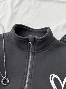 SHEIN Sudadera gris jaspeada con cuello alto y media cremallera, estilo básico para niña preadolescente - Gris Oscuro - Ver 6