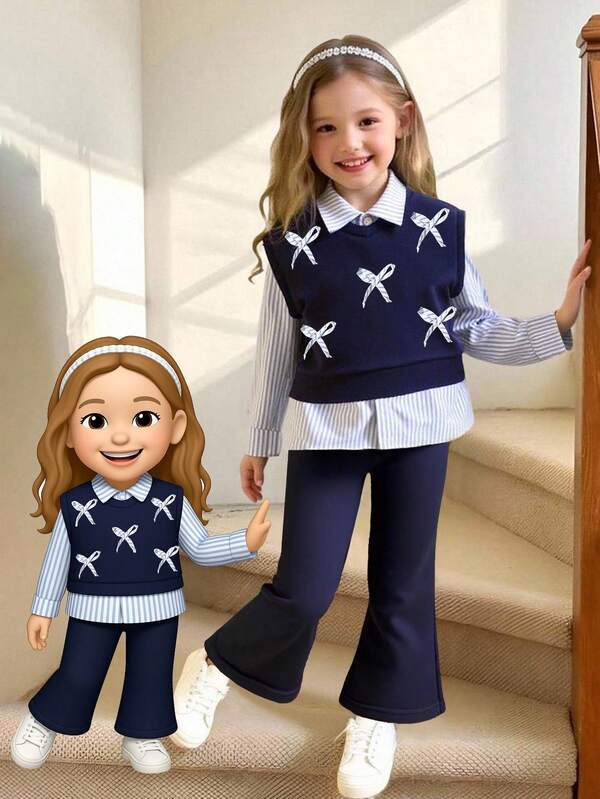 Conjunto de 3 piezas de niña joven con camisa de rayas casual + chaleco con estampado de corazón + pantalones, para otoño/invierno