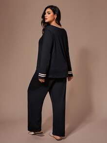 Lazeform Soft & Skin-Friendly Contrast Color Casual Loungewear Pajama Set, Plus Size Curve Plus Pajama Set, Cozy Outfit, Fall Winter Clothes - Black - View 3