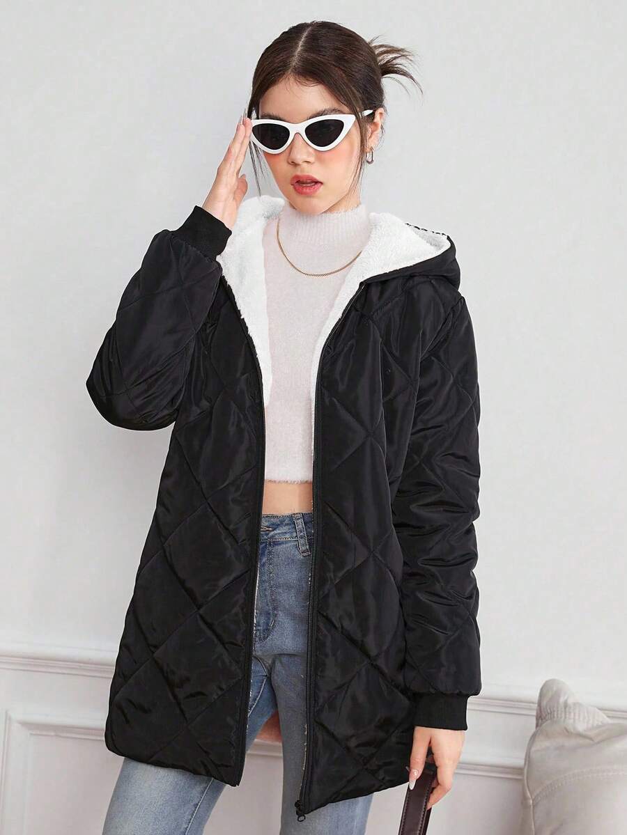 Teen Girl Winter Zip-Up Hooded Long Sleeve Teddy Bear Plush Lined Quilted Ombre Plaid Cotton Padded Mid-Length Jacket - Black and White - View 1