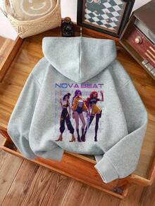 Sparklyn Young Girl Casual K-POP Cartoon Girl Print Hooded Sweatshirt, Fashionable Street Style Pullover Sweatshirt Suitable For Autumn/Winter Outfits - Grey - View 4