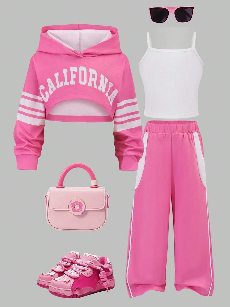 3 件套少女粉色短款连帽卫衣和白色吊带背心套装,休闲日常运动常规厚度,适合春秋季 - 粉色 - 查看 1