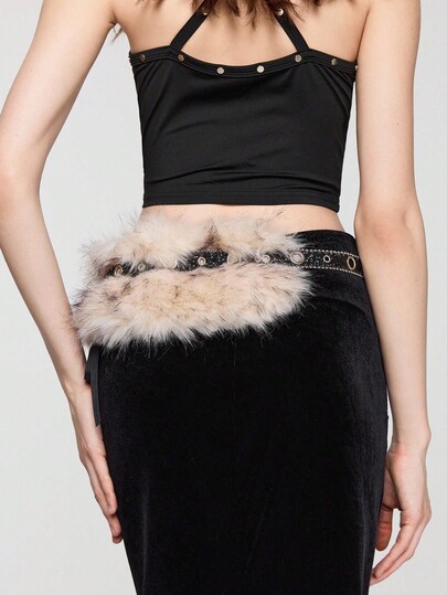 Grunge Punk 1pc Punk Style Furry Patchwork Belt, Y2K Fashion Black Sequin Eyelet Belt, Personalized Decorative Accessory Waist Belt