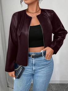SHEIN PETITE CURVE Áo khoác da PU cổ điển đa năng cỡ lớn dành cho nữ, dòng Petite - Màu đỏ tím - Xem 5