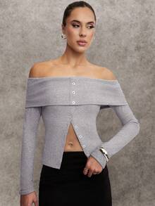 Avenya Grey,Autumn,Chic,Night Out Women's Off Shoulder Folded Button Slit Hem Long Sleeve Top,Imitation Woolen Ribbed Office Siren Minimalist Elegant Top - Grey - View 6