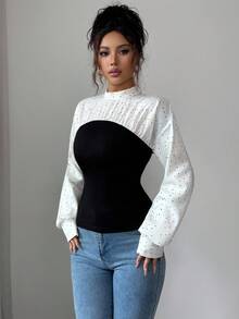 SHEIN Elenzya Women's Elegant Casual Polka Dot Patchwork Stand Collar Lantern Sleeve Pleated Blouse, Suitable For Women's Daily Life, Work, Commuting, Autumn/Winter Season - Black and White - View 5