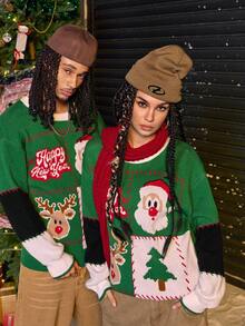 AXEPEAK 男士圣诞老人图案圆领落肩长袖休闲毛衣，秋冬 - 綠色 - 查看 6