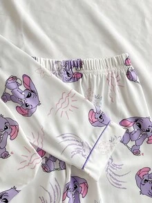 2件套少女可爱卡通垂耳蓝兔印花长袖上衣和裤子舒适休闲睡衣套装 - 淡紫色 - 查看 6