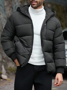 Manfinity Homme Plus Size Men's Solid Color Long Sleeve Zip-Up Casual Hooded Winter Jacket, For Fall - Black - View 3
