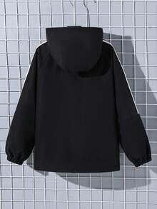 Tween Boy Letter & Stripe Print Zip-Up Casual Hoodie Jacket, Autumn - Black - View 2