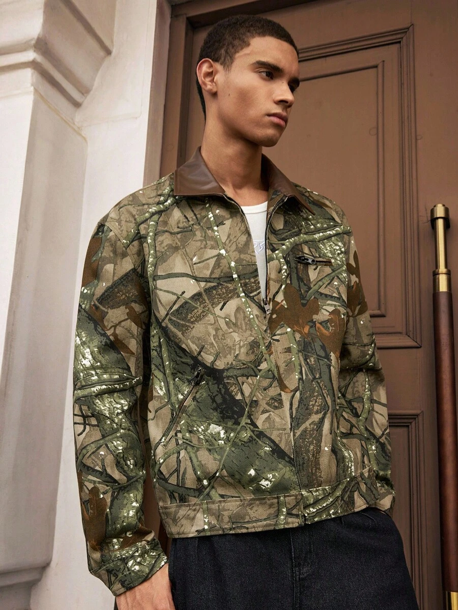 SWAVVY Men's Autumn Branch Pattern Zip-Up Casual Jacket, For Fall Winter - Khaki - View 1