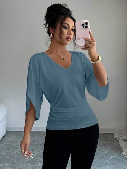 Elenzga Casual Commute Solid Color Batwing Sleeve V-Neck Short Sleeve T-Shirt