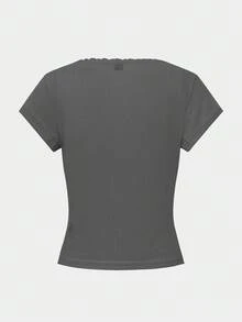 RiviMae 甜美蕾丝边短袖 T 恤，女式夏季新款修身纽扣短款上衣 - 深灰色 - 查看 8