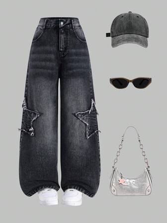 Jeans de estilo Y2K para niñas preadolescentes, aptos para primavera/verano/otoño/invierno, de color gris, con bordado de estrellas, de corte recto y holgado, de tela suave y cómoda, adecuados para uso casual y en casa